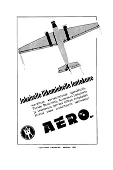 Aero O/Y:n mainos 1930-luvulta.