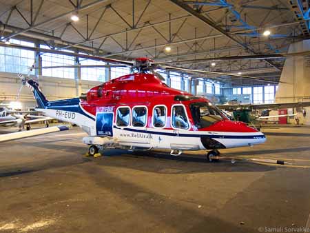 Bel Air's AgustaWestland 139 at its new home, the historic hangar at Helsinki-Malmi Airport. Photo: Samuli Sorvakko